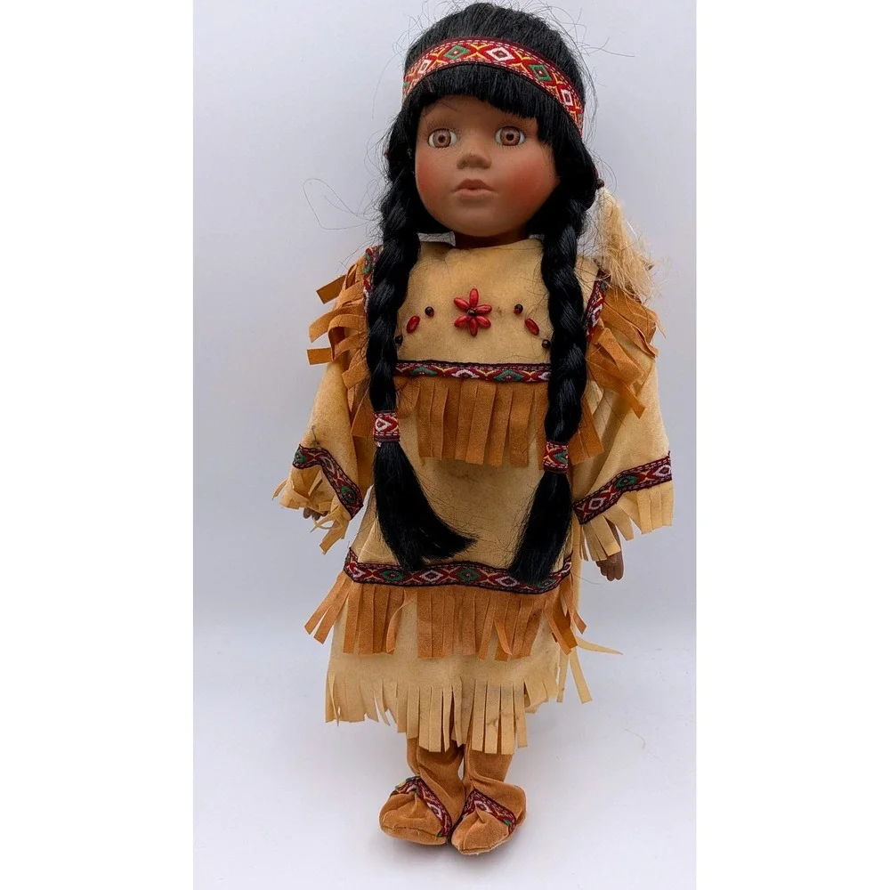 Vintage Native American Style Porcelain Doll Tan Fringe Suede Outfit 15.5 Inch
